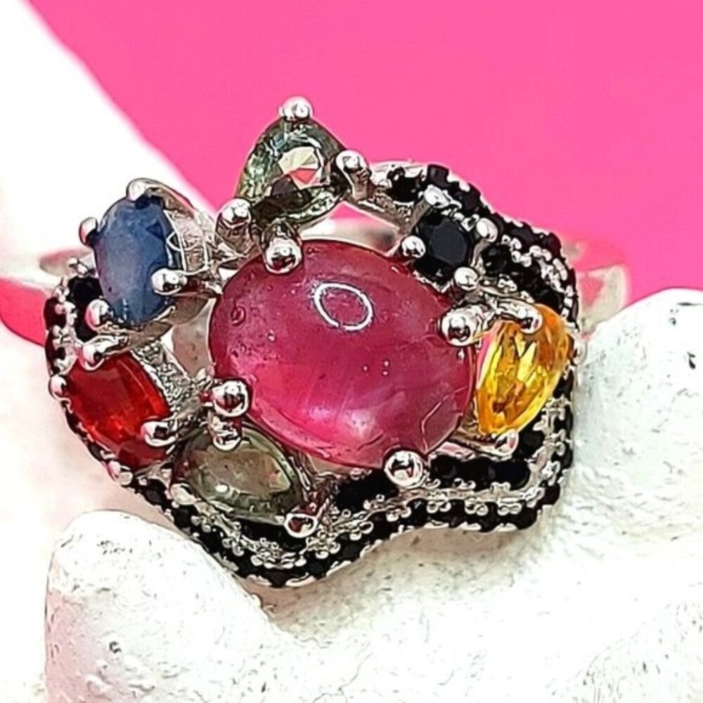 Unheated Natural Ruby 9×7 mm & Black‎ Spinel 925 Sterling Silver Ring Sz 6.5